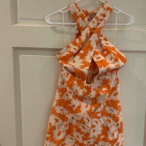 NWT Karlie orange and white floral mini dress large cross tie at neck or plunge